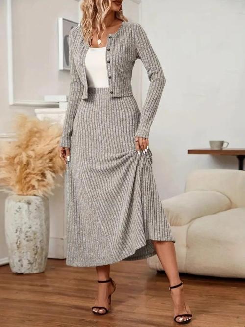 MDB Kadın Uzun Kollu önden Düğmeli Bluz Ve Yüksek Bel A Kesim Uzun Etek şardonlu Kaşkorse Ikili Takı