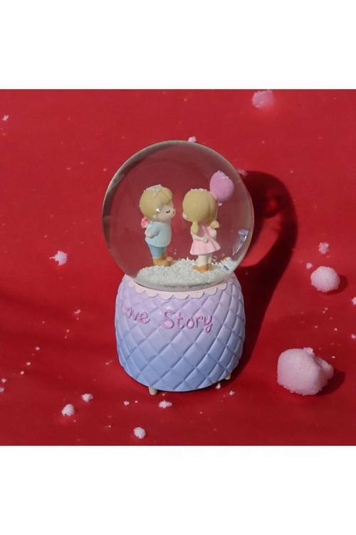 Love Story Pembe Kalpli Çiçekli Sevgililer Parlayan Işıklı Püskürtmeli Büyük Boy Cam Süs Kar Küresi
