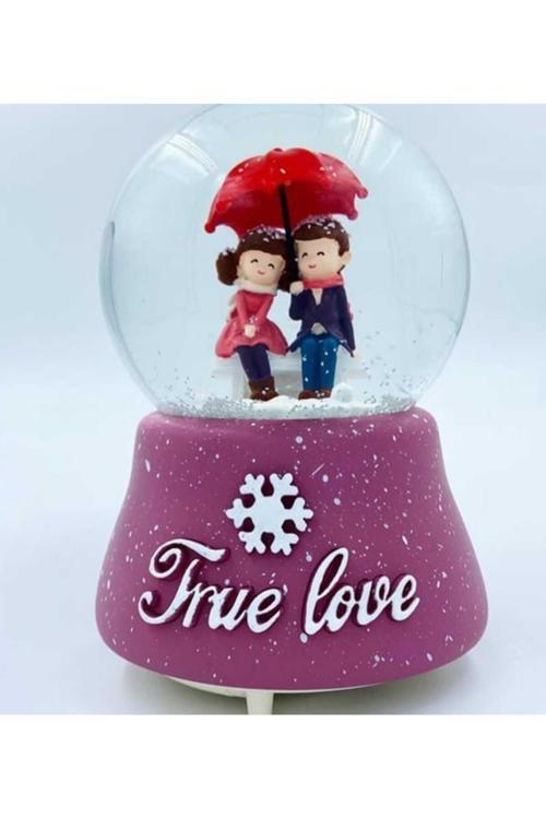 True Love Şemsiyeli Çift Işıklı Müzikli Püskürtmeli Cam Fanüslü Süs Kar Küresi Büyük Boy