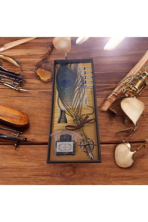 Hediyelik Taçlı  Kuş Tüyü Divit Kalem Mürekkep Hokka Seti Orta Boy