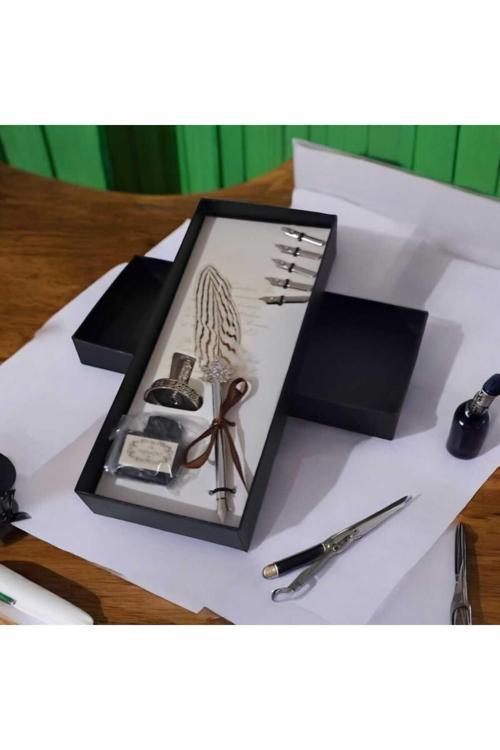 Hediyelik Taçlı  Kuş Tüyü Divit Kalem Mürekkep Hokka Seti Orta Boy