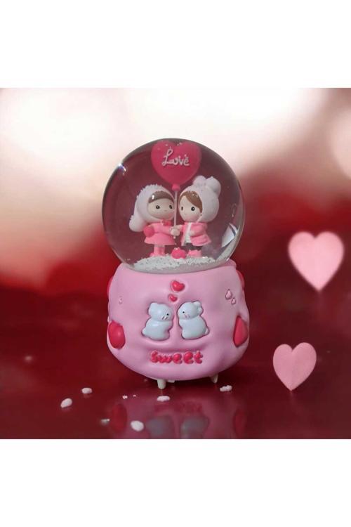 Sweet Love Sevimli Kalpli Büyük Boy Püskürtmeli Motorlu Müzikli Işıklı Cam Süs Kar Küresi