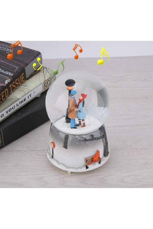 Kar Küreli Müzik Kutusu, Müzikal Kar Küresi, Masa Üstü Cam Süsü, Büyük Boy, Led Işıklı
