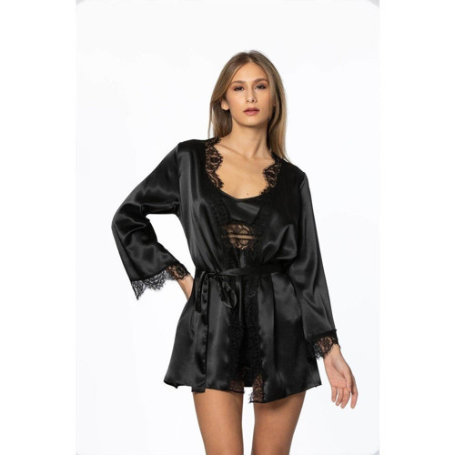 Saten 3lü Kimono Şort Takımı 2490 Siyah