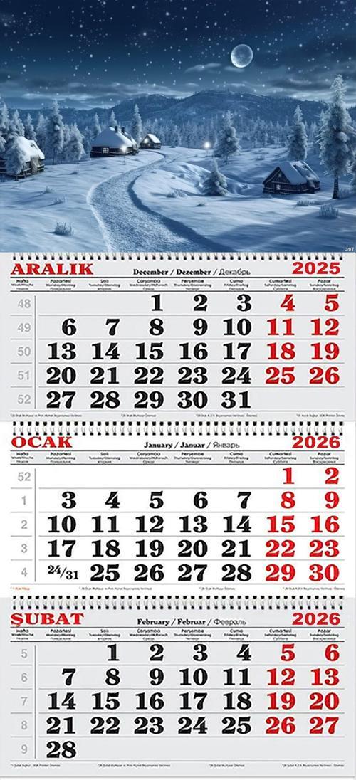 2026 Yılı Gemici Takvimi- Kasabada Karlı Kış Gecesi ve Muhteşem Ay Manzarası