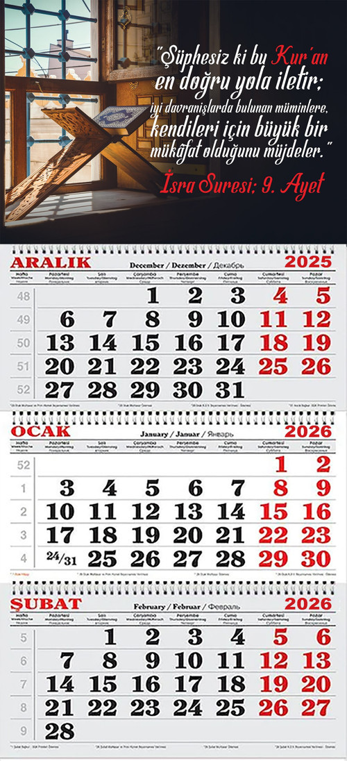 2026 Yılı Gemici Takvimi-İsra Suresi 9.Ayet ve Rahle Üzerinde Kuran