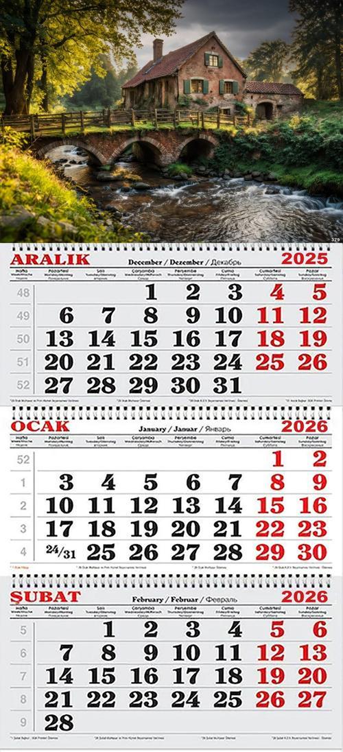 2026 Yılı Gemici Takvimi- Nehir, Taş Köprü ve Kulübe