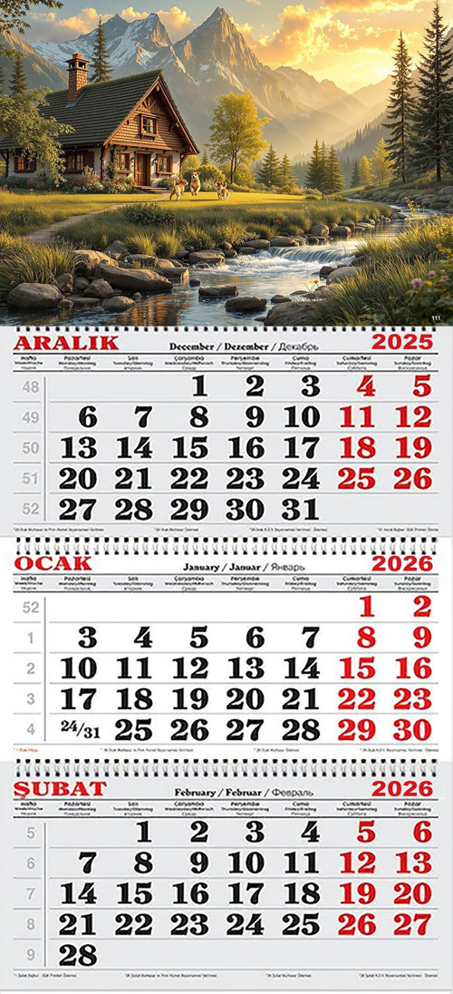 2026 Yılı Gemici Takvimi-Orman İçinde ki Ev ve Mutlu Köpekler