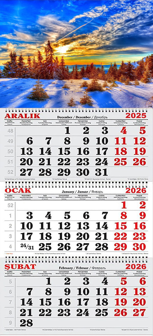 2026 Yılı Gemici Takvimi-Karlı Ormanda Gün Batımı
