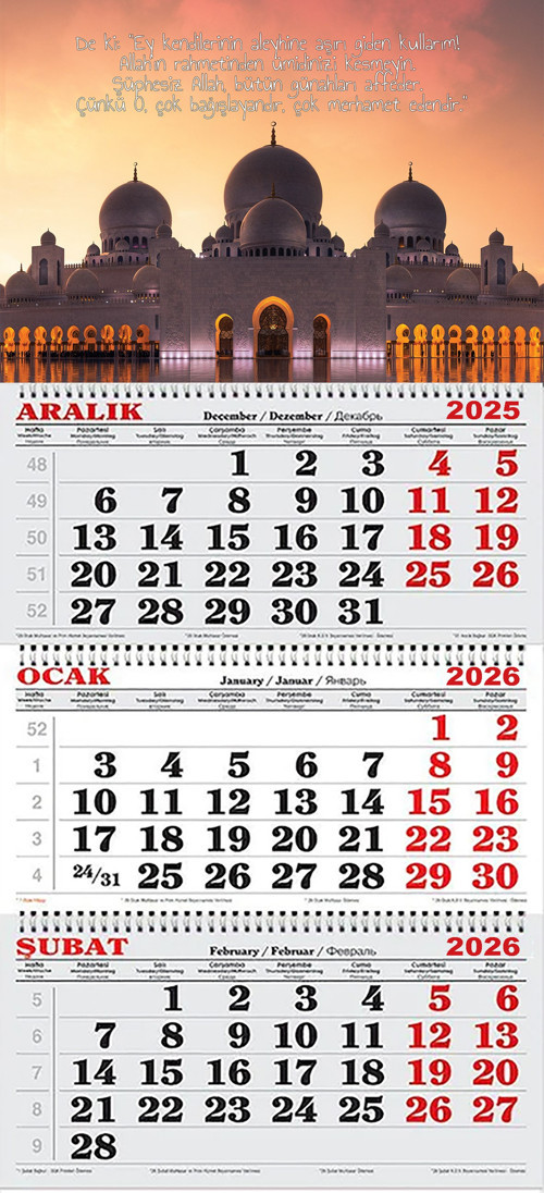 2026 Yılı Gemici Takvimi-Zümer Suresi 53. Ayet ve Şeyh Zaid Camii