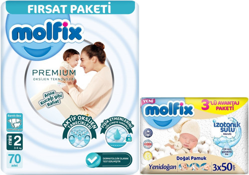 Premium Bebek Bezi Beden:2 (3-6KG) Mini 70 Adet Fırsat Pk + 3 Adet Islak Mendil