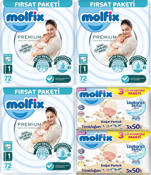 Premium Bebek Bezi Beden:1 (2-5KG) Yeni Doğan 216 Ad Aylık Ultra Fırsat Pk+ 6 Ad Islak Mendil