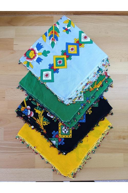 Bandana Boncuk İşlemeli Tokat Yazması Taş Baskı 4'Lü