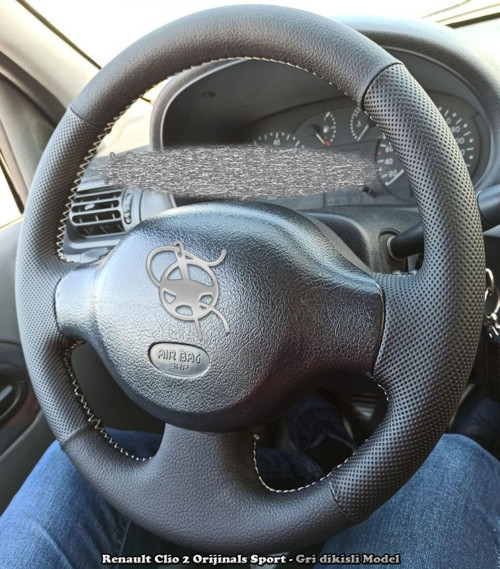 Clio 2 Araca Özel Deri Direksiyon Kılıfı ( Noktalı Düz Gri Dikişli)