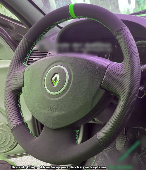 Clio 2 Araca Özel Direksiyon Kılıfı (Noktalı Nubuk Yeşil Yüzüklü)