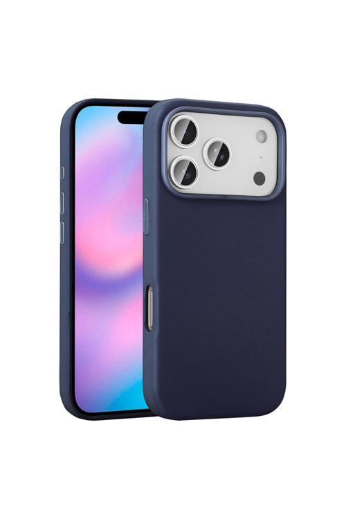 iPhone 17 Pro Max uyumlu Kılıf M-safe Şarj Özellikli PU Deri Görünümlü KTH Kupra Kapak - Lacivert