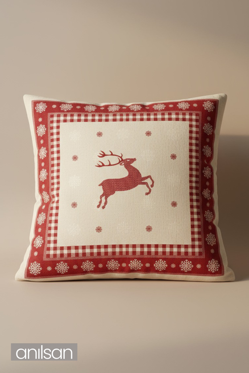 Geyik Desenli Çift Taraflı Kırlent Kılıfı - 45x45 cm Yılbaşı Dekoratif