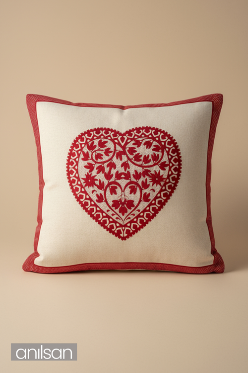 Kalp Desenli Çift Taraflı Kırlent Kılıfı - 45x45 cm Yılbaşı Dekoratif