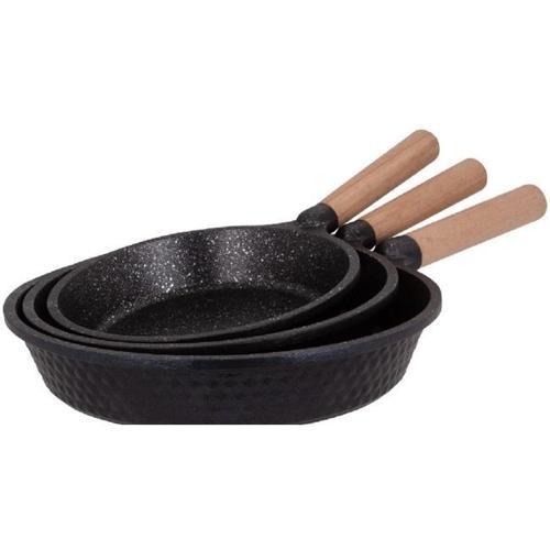 Antik Ahşap Sap Granit Döküm Tava Seti 3lü 20-24-28 cm