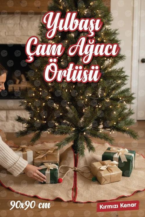 Yılbaşı Çam Ağacı Altı Ayak Örtüsü Overlok Kenarlı Jüt,90 Cm-T1515