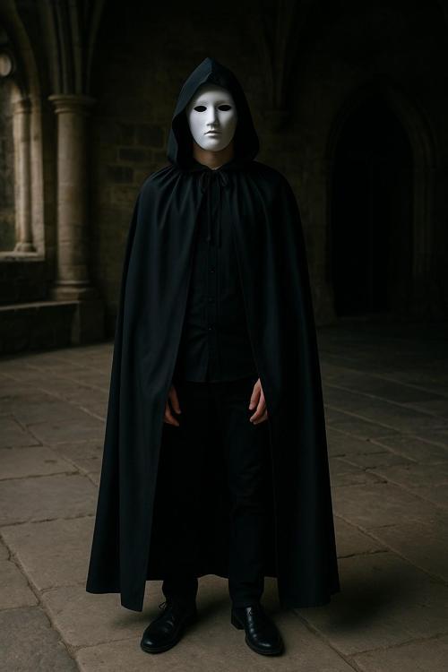 Beyaz Maske ve Siyah Kapüşonlu Pelerin Gizemli Kostüm Kombinasyonu Seti - 120 CM