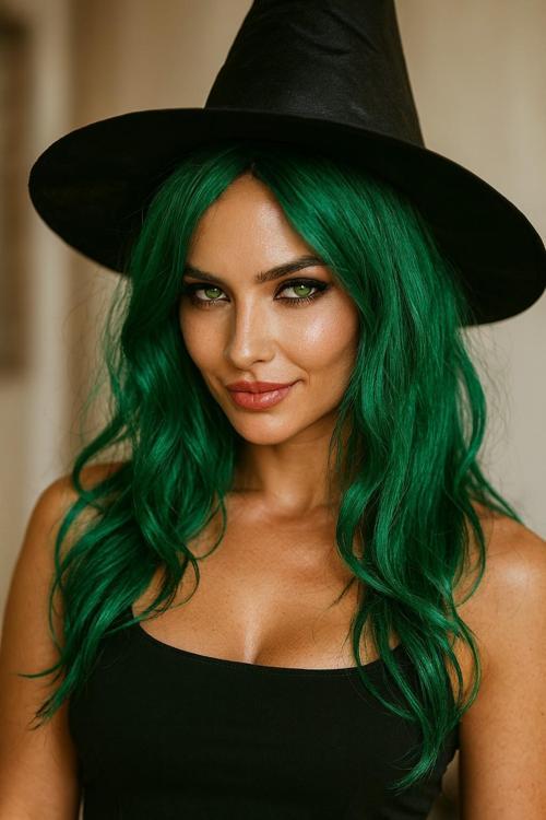 Doğal Yeşil Dalgalı Kadın Peruk ve Siyah Keçe Cadı Şapkası Kostüm Seti