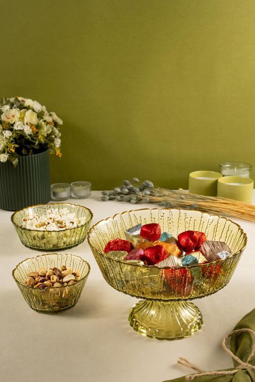 Rita 3'lü Cam Kase Seti Yeşil Altın Fileli