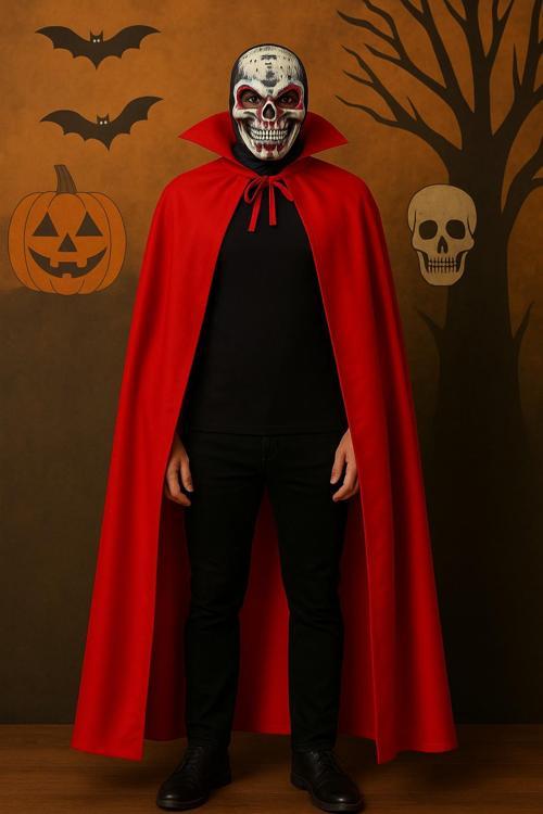 Yetişkin Kırmızı Yakalı 120 cm Vampir Pelerini ve Kanlı Kafatası Maskesi Seti – Halloween Kostüm