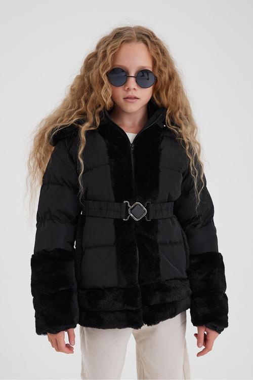 Siyah Peluş Detaylı İçi Kürklü Kalın Şişme Kız Çocuk Mont&Kaban