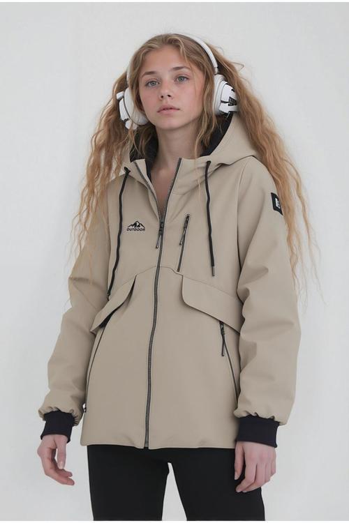 Kız Çocuk Krem Outdoor Su İtici Kapüşonlu Kaban – Rüzgar Geçirmez, Hafif Ve Dayanıklı
