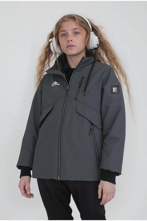 Kız Çocuk Gri Outdoor Su İtici Kapüşonlu Kaban – Rüzgar Geçirmez, Hafif Ve Dayanıklı
