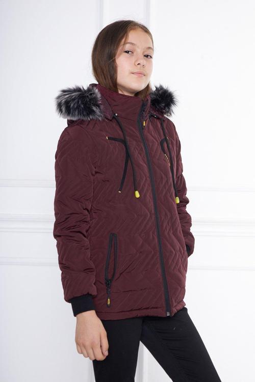 Bordo Kız Çocuk Su Ve Rüzgar Geçirmez Çıkartılabilir Kapüşonlu Kapitone Mont & Kaban