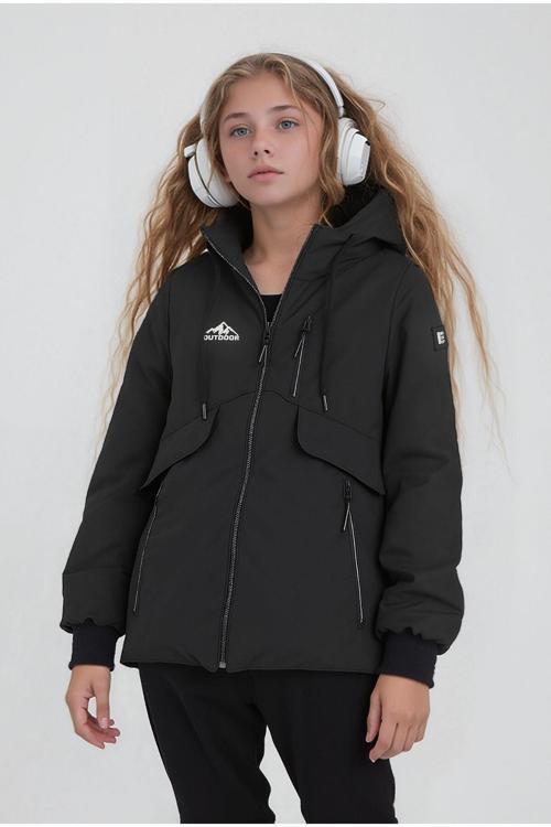 Kız Çocuk Siyah Outdoor Su İtici Kapüşonlu Kaban – Rüzgar Geçirmez, Hafif Ve Dayanıklı