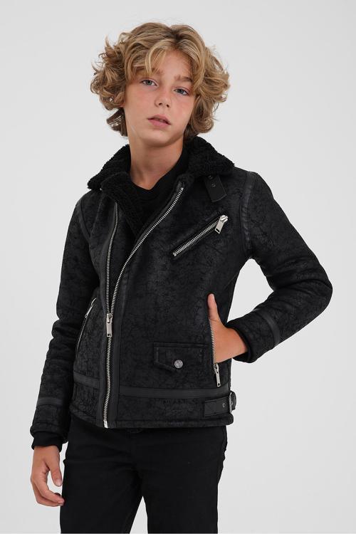 Erkek Çocuk Siyah Napa Deri İçi Kürklü Mont&Ceket