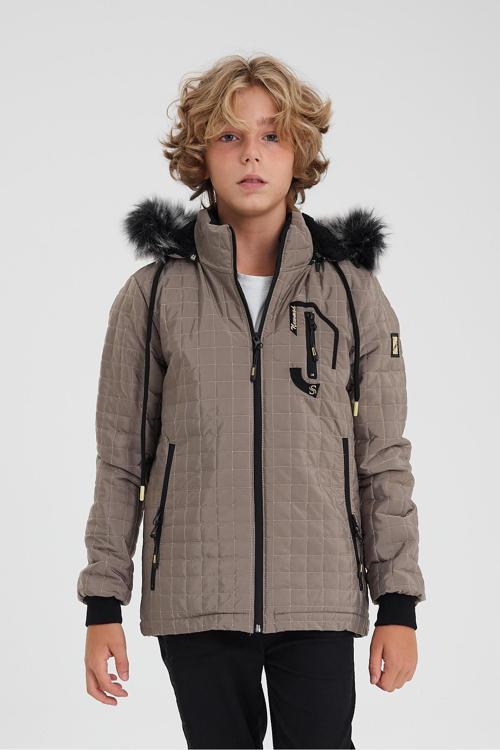 Krem Erkek Çocuk Su Ve Rüzgar Geçirmez Çıkartılabilir Kapüşonlu Kapitone Mont & Kaban