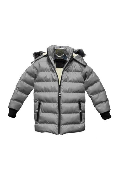 Gri Çıkarılabilir Kapişonlu Kürklü Su Geçirmez Erkek Çocuk Mont&Kaban