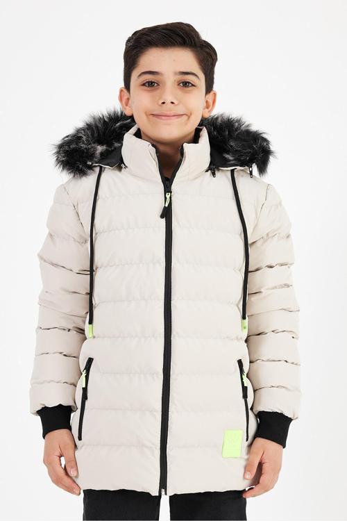 Krem Erkek Çocuk Çıkartılabilir Kapüşonlu Şişme Deri Karışımlı Kumaş Mont&Kaban
