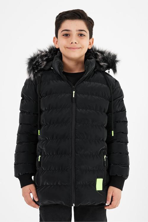 Siyah Erkek Çocuk Çıkartılabilir Kapüşonlu Şişme Deri Karışımlı Kumaş Mont&Kaban