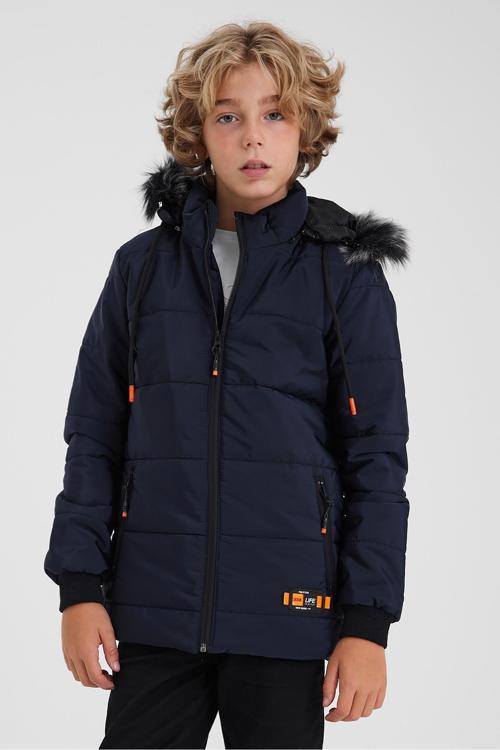 Lacivert Erkek Çocuk Su Ve Rüzgar Geçirmez Kapüşonlu Yıkanabilir Içi Kürklü Mont & Kaban