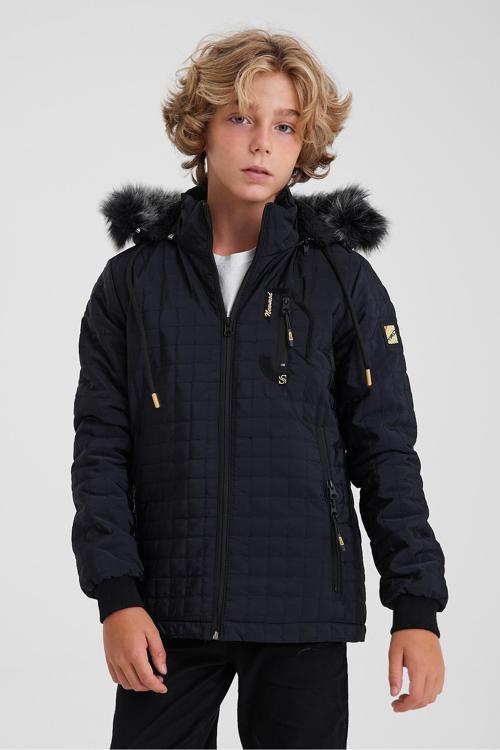 Lacivert Erkek Çocuk Su Ve Rüzgar Geçirmez Çıkartılabilir Kapüşonlu Kapitone Mont&Kaban