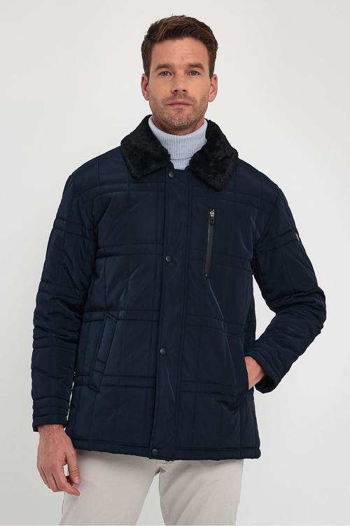 Erkek Lacivert Standart Fit Normal Kesim Kürklü Çıkartılabilir Yaka Çıtçıt Detaylı Fermuarlı İçi Kür