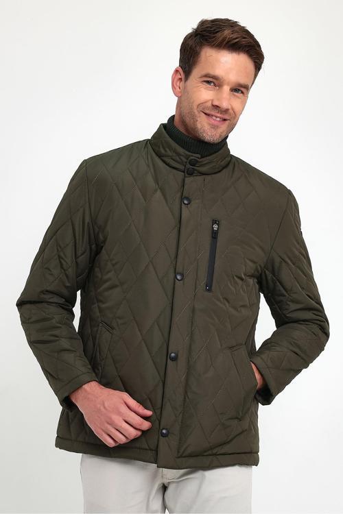 Erkek Yeşil Standart Fit Normal Kesim İçi Kürklü Dik Yaka Çıtçıtlı Dolgulu Desenli Overcoat