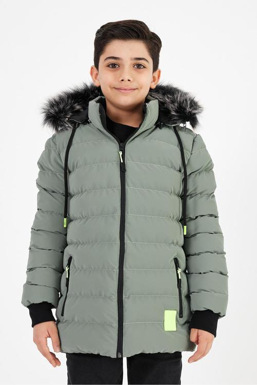 Açık Yeşil Erkek Çocuk Çıkartılabilir Kapüşonlu Şişme Deri Karışımlı Kumaş Mont&Kaban