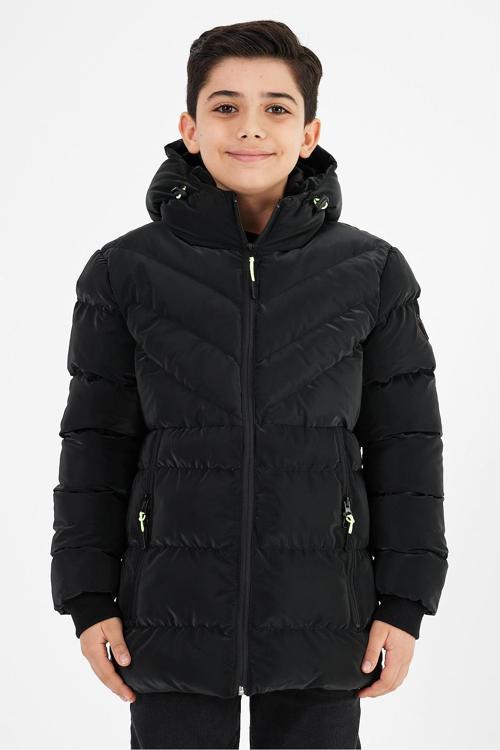 Siyah Erkek Çocuk Sabit Kapüşonlu Şişme Deri Karışımlı Kumaş Mont&Kaban