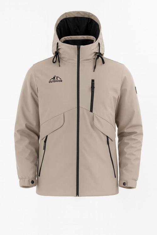 Erkek Krem Outdoor Su İtici Kapüşonlu Kaban – Rüzgar Geçirmez, Hafif Ve Dayanıklı