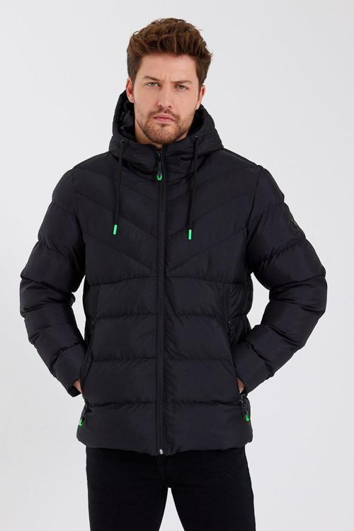 Yeni Sezon Erkek Siyah Su Ve Rüzgar Geçirmez Kapüşonlu Kalın İçi Kürklü Şişme Kaban&Mont