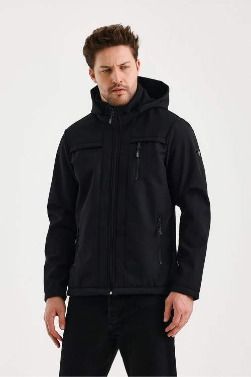 Siyah Erkek %100 Su Geçirmez İçi Polarlı İç Çepli Çıkartılabilir Kapüşonlu Softshell Mont&Kaban