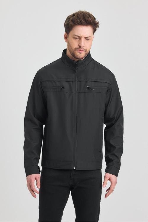 Siyah Erkek Pamuk Polyester Karışımlı Çift Göğüs Fermuarlı Su Ve Rüzgar Geçirmez Mevsimlik&Yazlık Mo