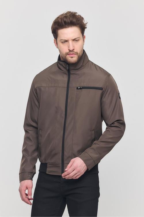 Erkek Kahverengi Mevsimlik Triko Detaylı Fermuarlı İç Cepli Mont&Ceket