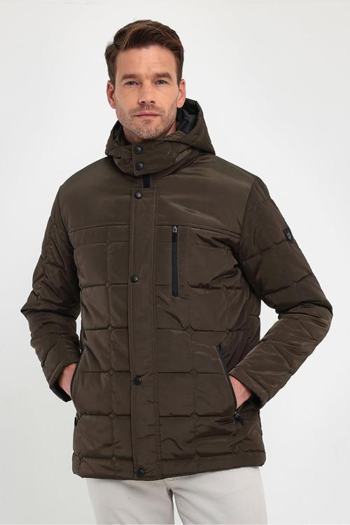 Erkek Kahverengi Standart Fit Normal Kesim Çıkmalı Kapüşon Dik Yaka Mont